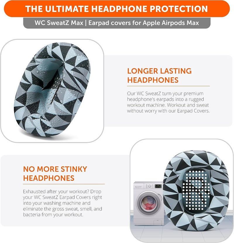 WC SweatZ Max - Patented Protective Earpad Covers for Airpods Max Made by Wicked Cushions | Sweatproof & Easily Washable | Full Earpad Sweat Protection | Geo Grey - Image 2